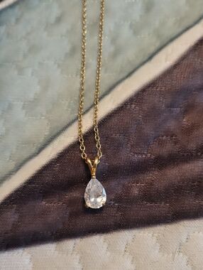 Gold Teardrop Pendant Necklace with Clear Stone - Women Jewelry